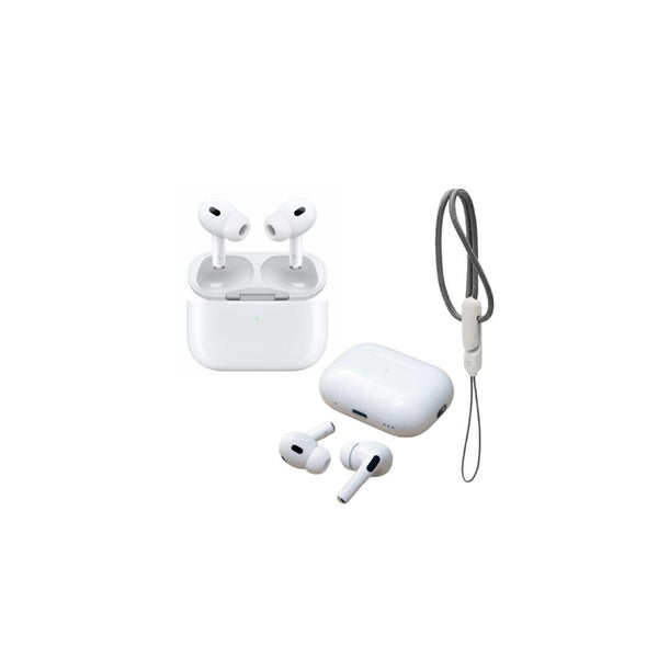 White wireless earbuds with charging case and lanyard on a white background