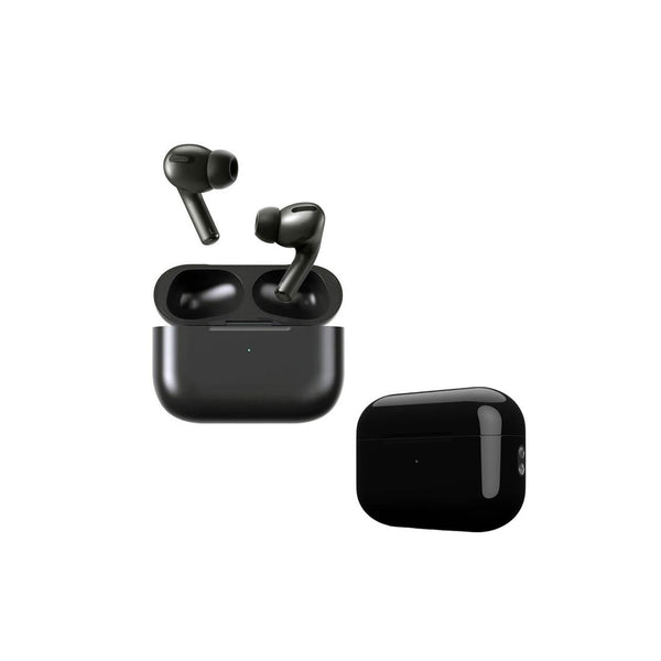 Black wireless earbuds with charging case on a white background