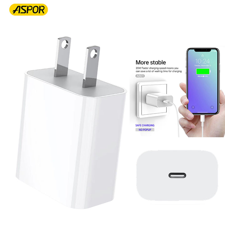 White charging station with smartphone displaying battery charge, Aspor brand visible