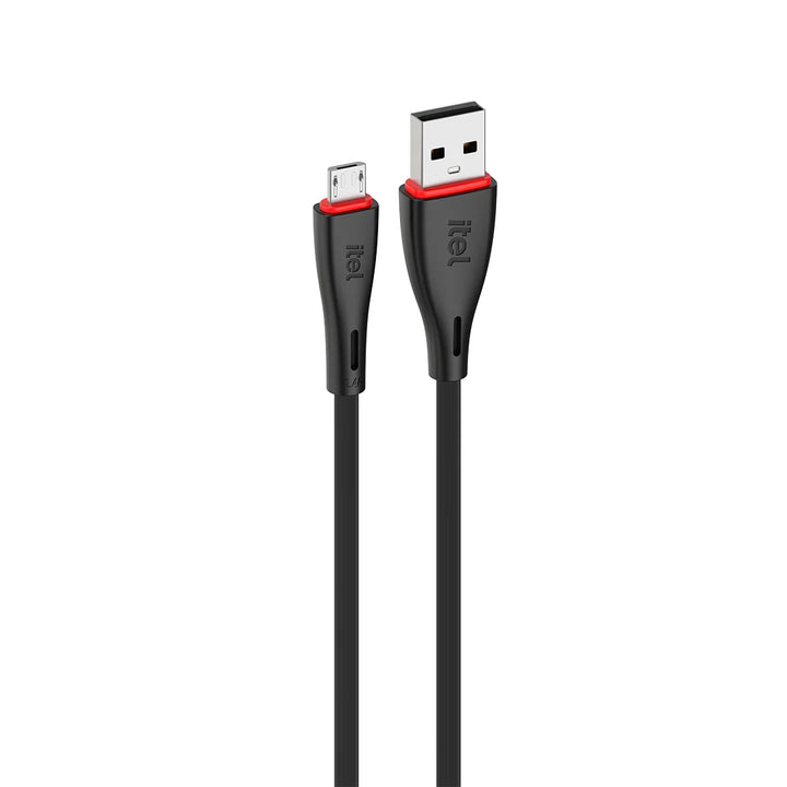 Black USB cable with red accents on a white background