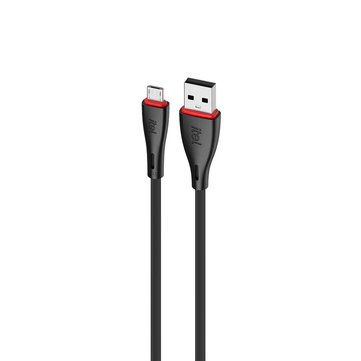 Black USB cable with one end being a standard USB connector and the other an micro-USB connector on a white background.