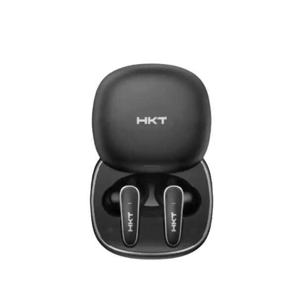Black HKT wireless earbuds in charging case on a white background