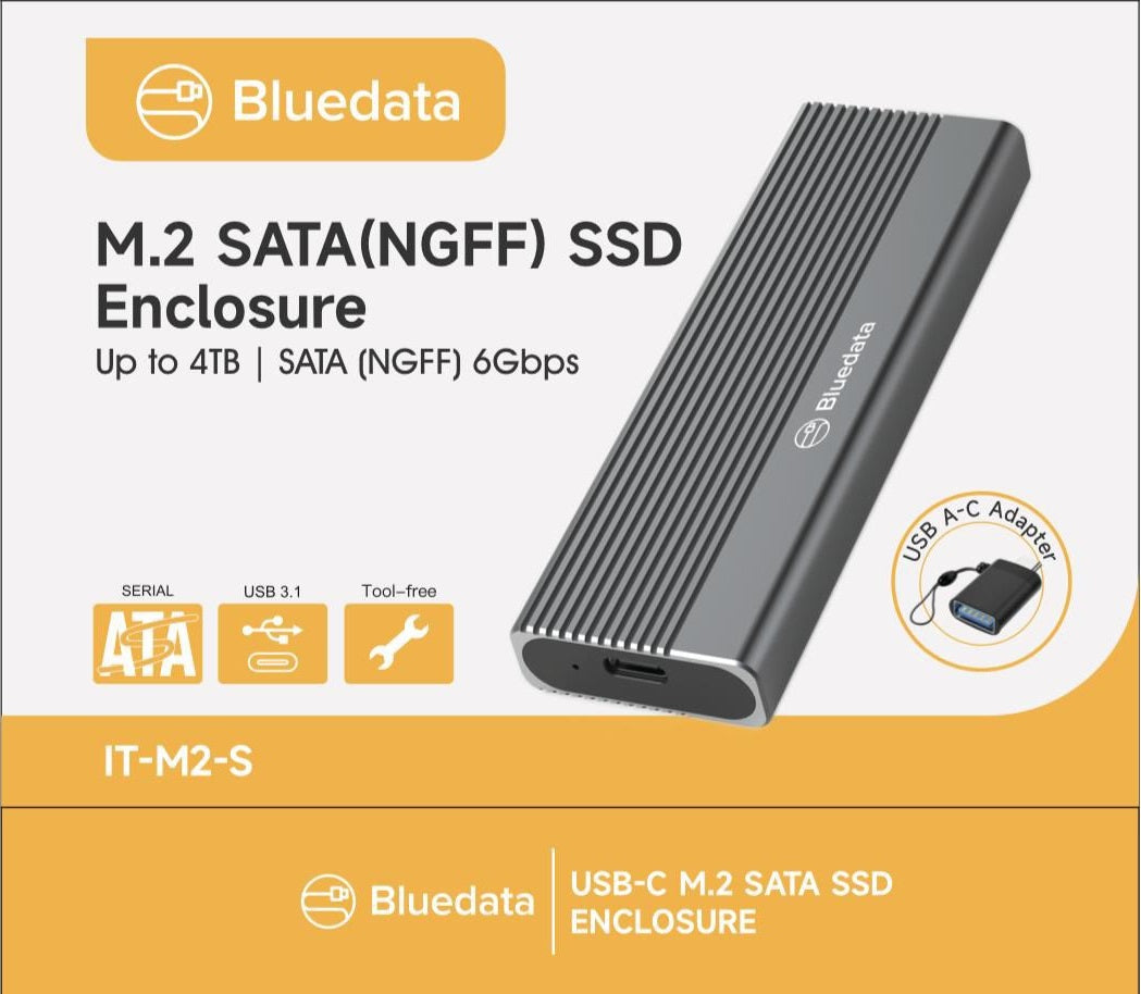 BLUEDATA IT-M2-S M.2 SATA NGFF SSD Enclosure – Up to 4TB, 6Gbps USB-C External Drive Casing