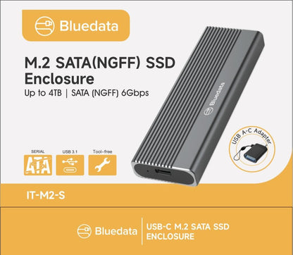 BLUEDATA IT-M2-S M.2 SATA NGFF SSD Enclosure – Up to 4TB, 6Gbps USB-C External Drive Casing