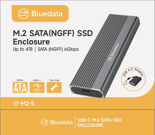 BLUEDATA IT-M2-S M.2 SATA NGFF SSD Enclosure – Up to 4TB, 6Gbps USB-C External Drive Casing