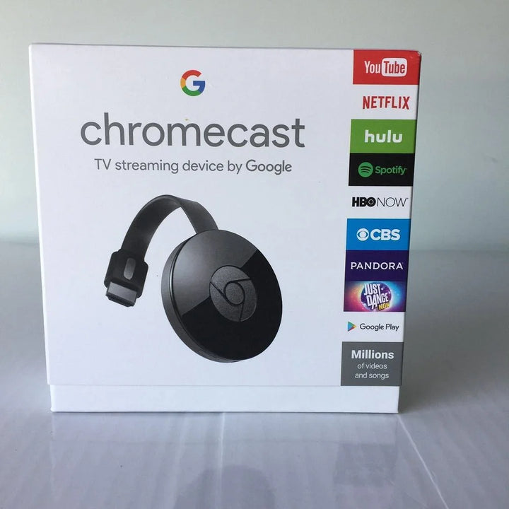 Chromecast TV streaming device packaging with Google, YouTube, Netflix, and other app logos on a white background.