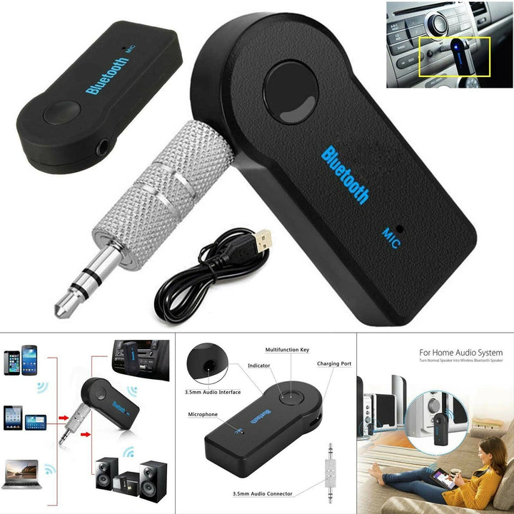 Black Bluetooth audio receiver with microphone and cable, shown in various contexts.