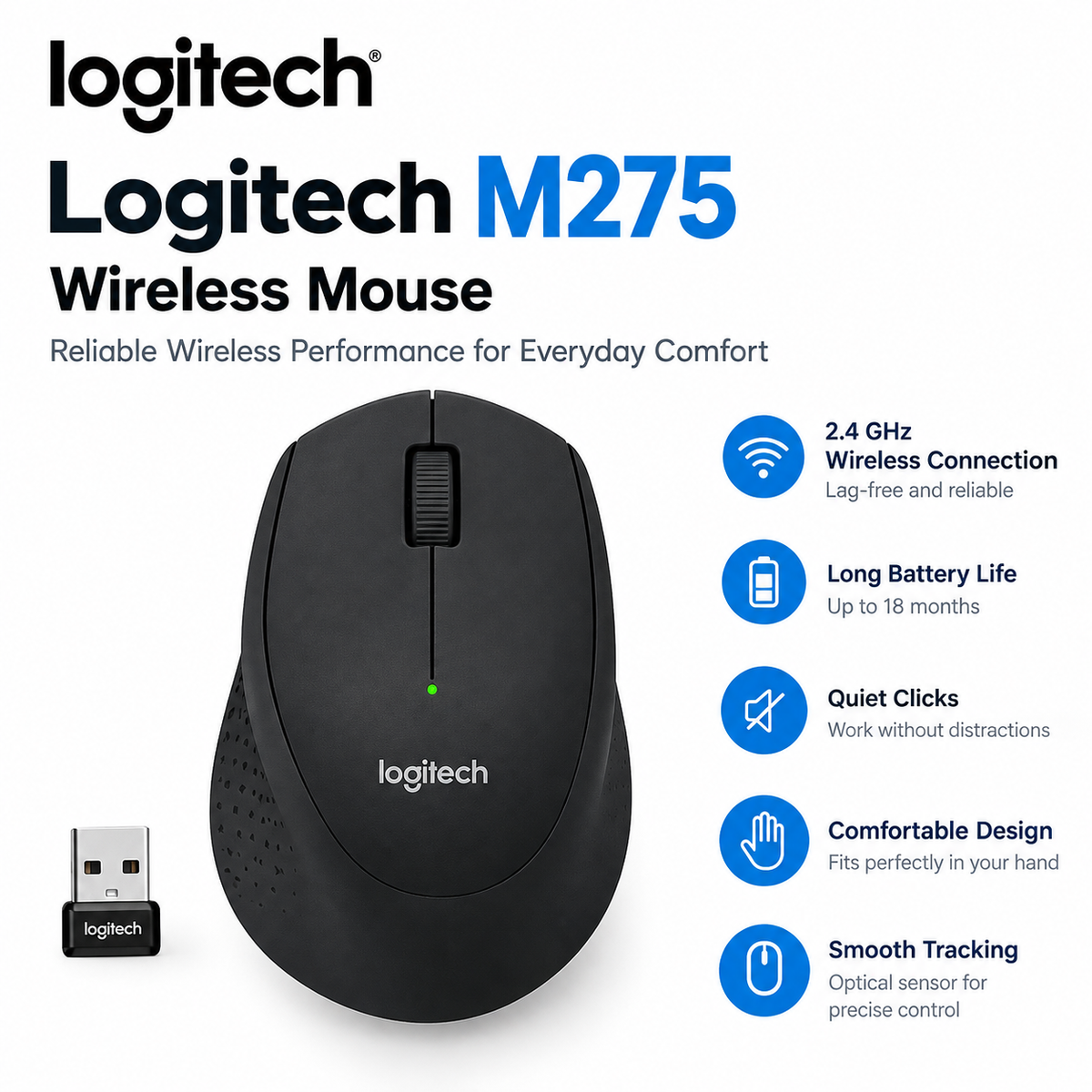 Logitech M275 Wireless Mouse – Ergonomic Design & Reliable 2.4GHz Connectivity