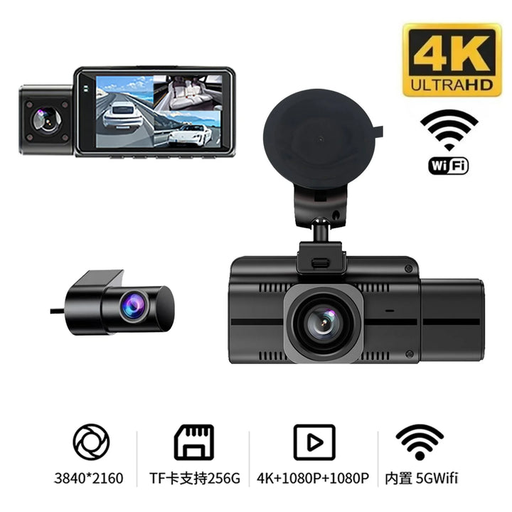 Car dashboard camera with multiple features highlighted on a white background