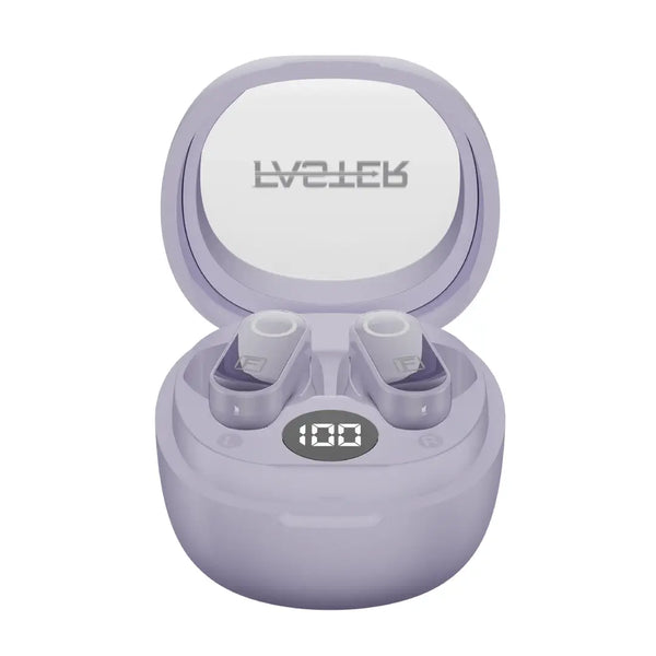 Purple wireless earbuds in charging case with visible brand logo on a white background