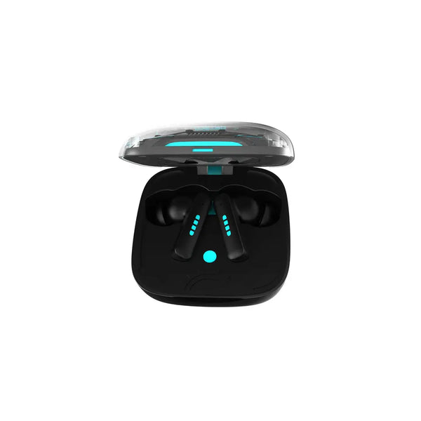Black wireless earbuds in a transparent charging case on a white background