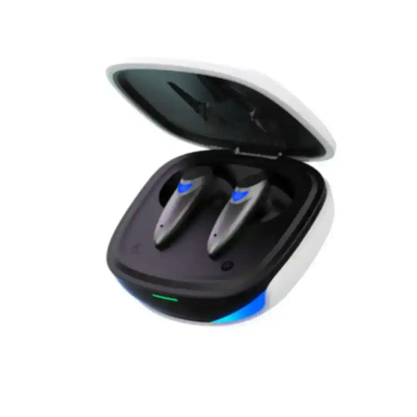 True wireless earbuds in a charging case on a white background