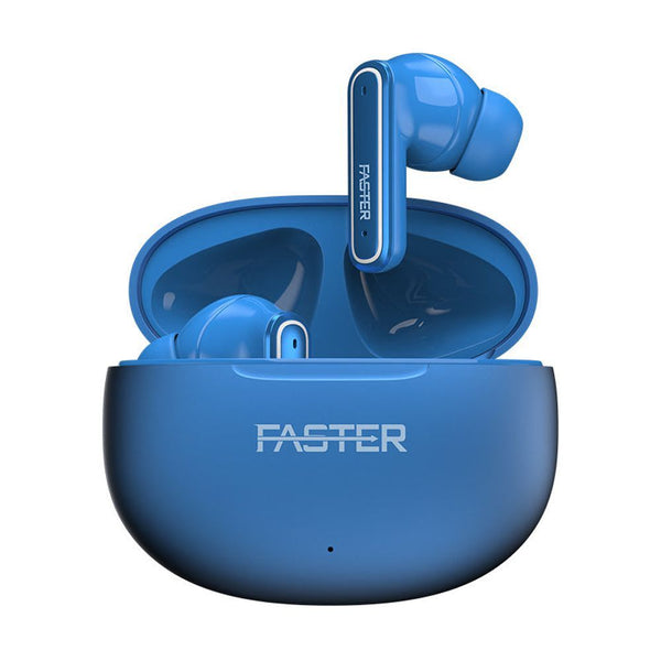 Blue wireless earbuds with charging case on a white background