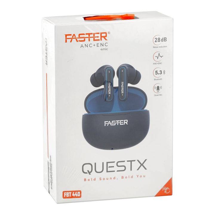 Box of Faster QuestX earbuds with branding and product details on a white background