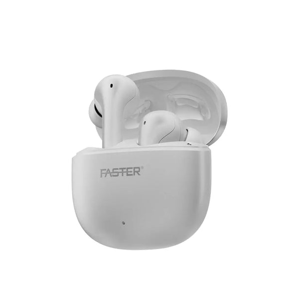 White wireless earbuds with charging case on a white background, featuring the brand 'FASTER'.