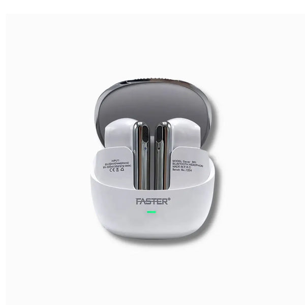 Bluetooth earbuds in a white charging case on a white background