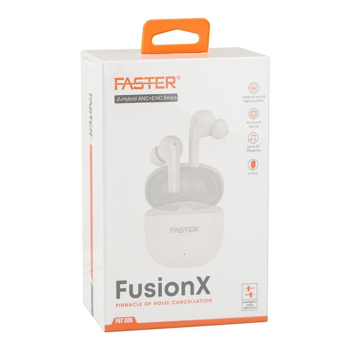 Faster FusionX wireless earbuds packaging on a white background