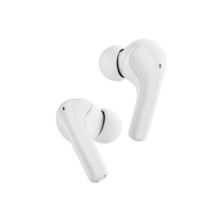 White wireless earbuds on a white background