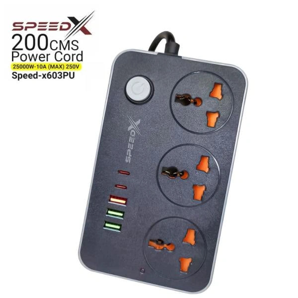 Gray power strip with multiple sockets and SpeedX branding on a white background