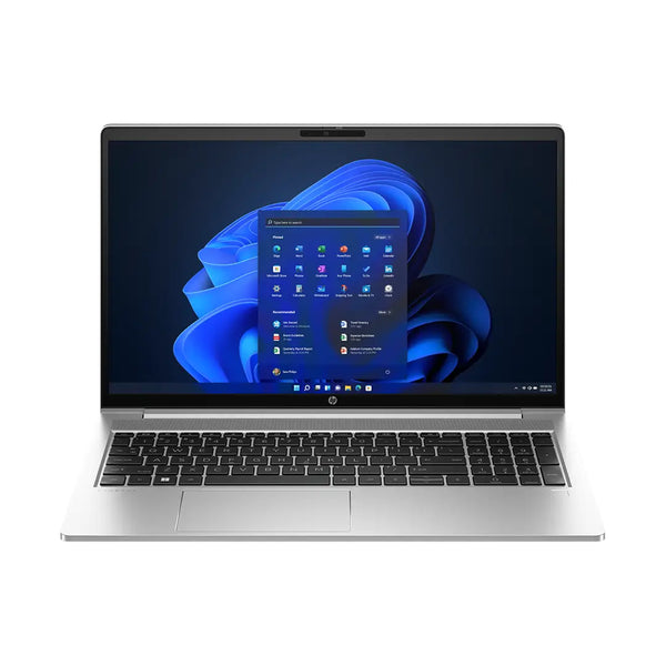 Laptop with a blue abstract design on the screen against a white background