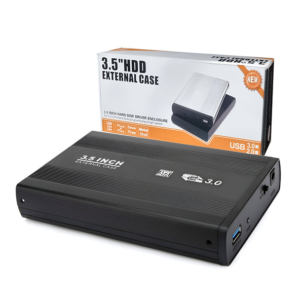 3.5 inch external hard drive case with packaging on a white background