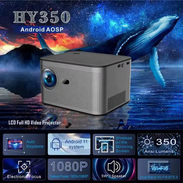 Hy350 Android 11.0v (cpu Allwinner H713) Smart Projector 2gb+32gb Dual Speaker 1080p With Dual Band Wifi6 And Bluetooth 5.0 Brightness (lumens) 580 Ansi Support 4k