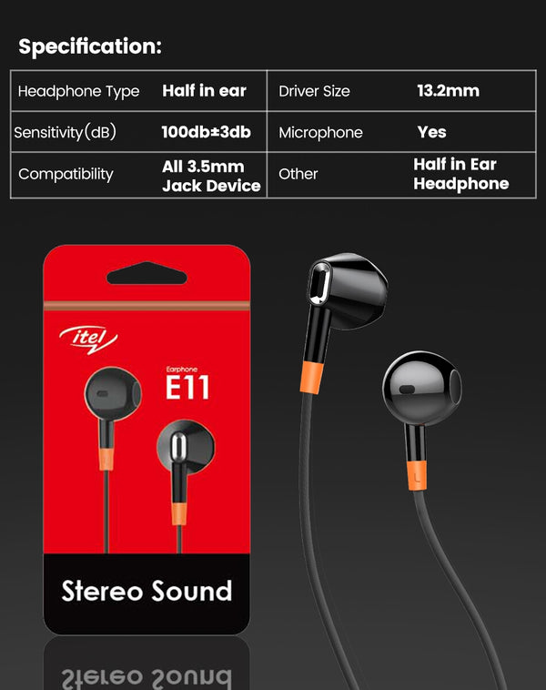 Itev E11 headphones with packaging on a black background