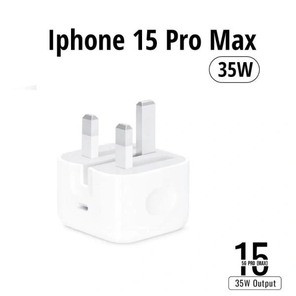 White iPhone 15 Pro Max charging adapter on a white background