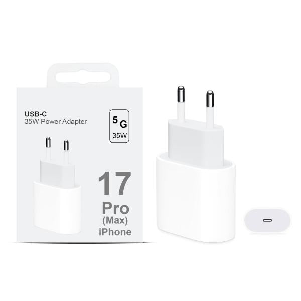 White USB-C power adapter with packaging labeled for iPhone 17 Pro Max on a white background