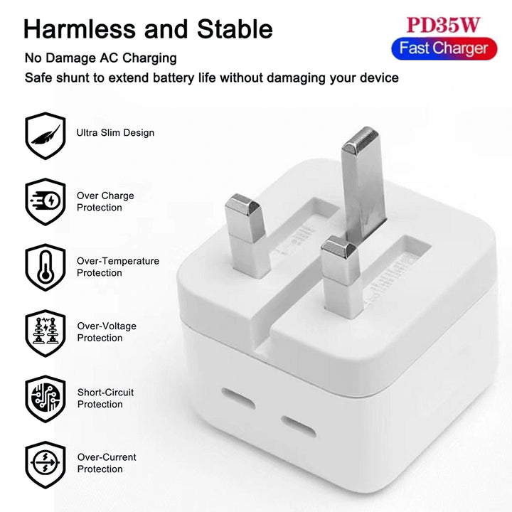 White power adapter with charging features listed on a white background