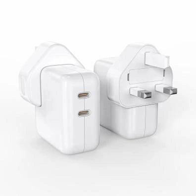 White USB-C power adapter on a white background