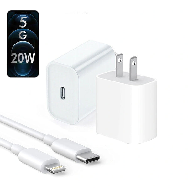 White charging adapter, cable, and phone with 5G and 20W text on a white background