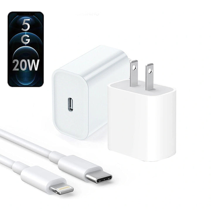 White charging adapter, cable, and phone with 5G and 20W text on a white background