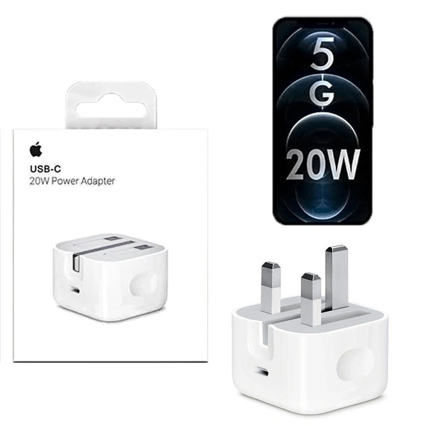 USB-C power adapter with packaging and a smartphone displaying '5G 20W' on a white background.