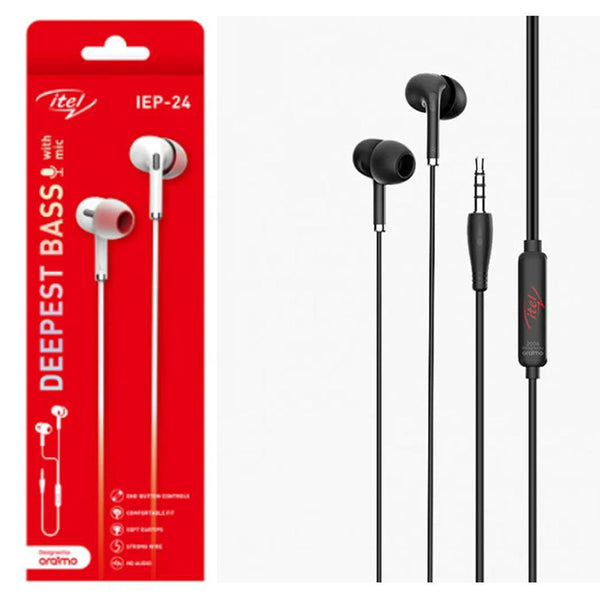 Itel earphones with microphone on a white background