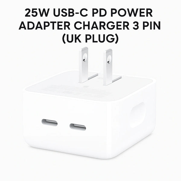 25W USB-C PD power adapter charger with UK plug on a white background