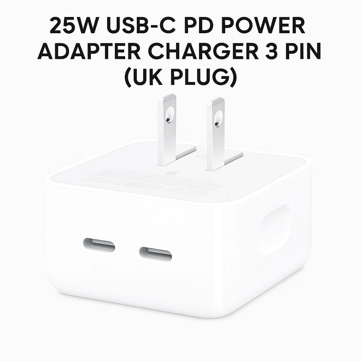 25W USB-C PD power adapter charger with UK plug on a white background