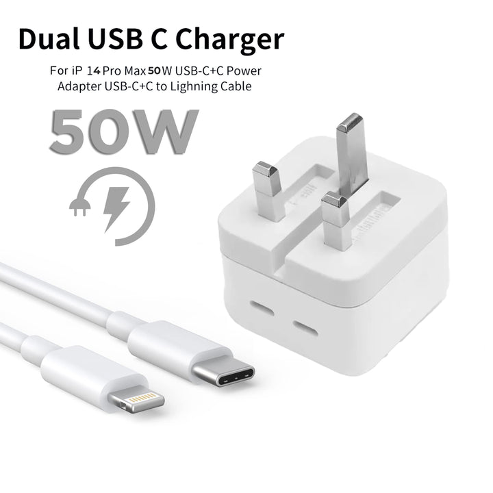 Iphone 14 Pro 3 Pin (uk Pin) 50w Usb-c+c Power Adapter With Usb-c To Lightining Cable