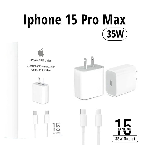Set of iPhone 15 Pro Max charging accessories including power adapter, cable, and packaging on a white background.