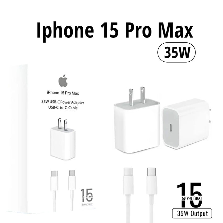 Set of iPhone 15 Pro Max charging accessories including power adapter, cable, and packaging on a white background.