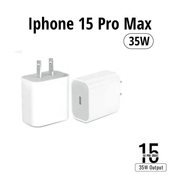 White iPhone 15 Pro Max charging adapter on a white background