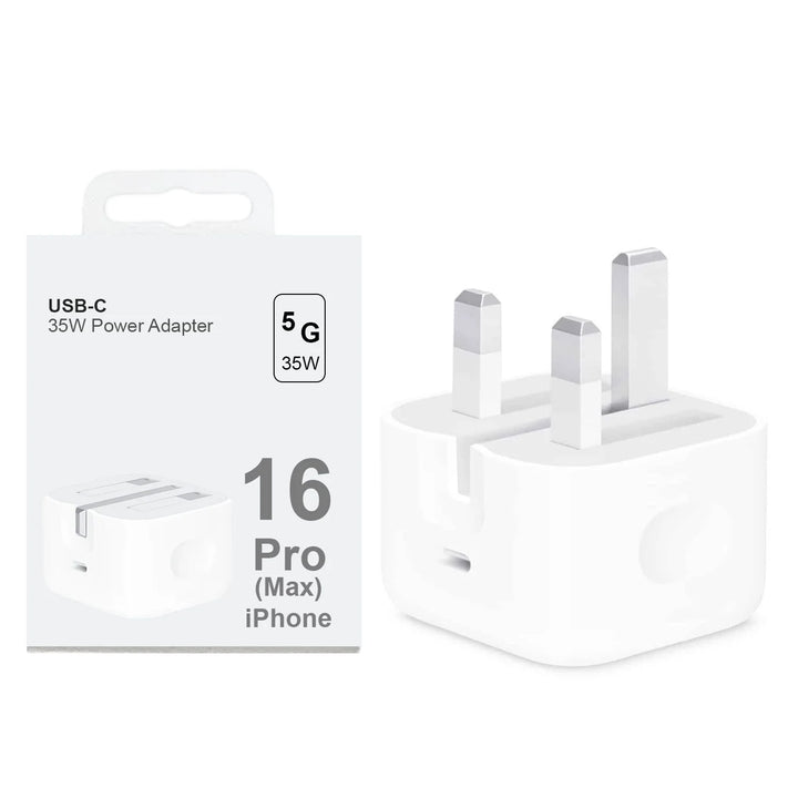 USB-C power adapter with packaging on a white background