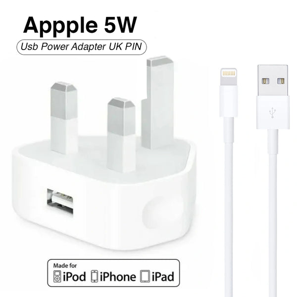 5W USB power adapter with UK plug and Lightning cable on a white background