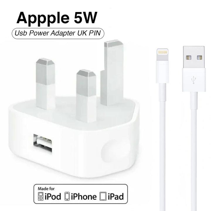 5W USB power adapter with UK plug and Lightning cable on a white background