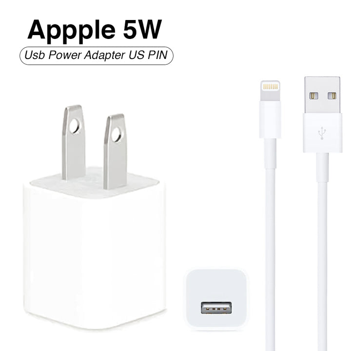 White USB power adapter and cable with Apple branding on a white background