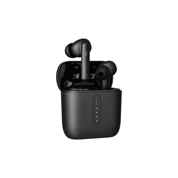Black wireless earbuds in a charging case on a white background