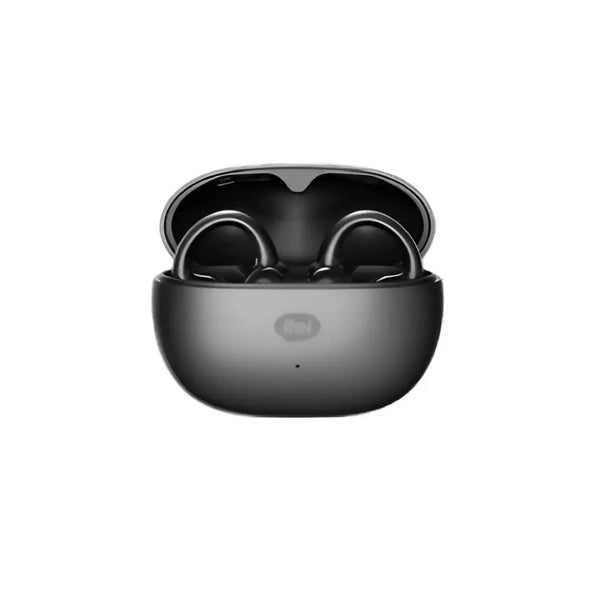 Black wireless earbuds in a charging case on a white background