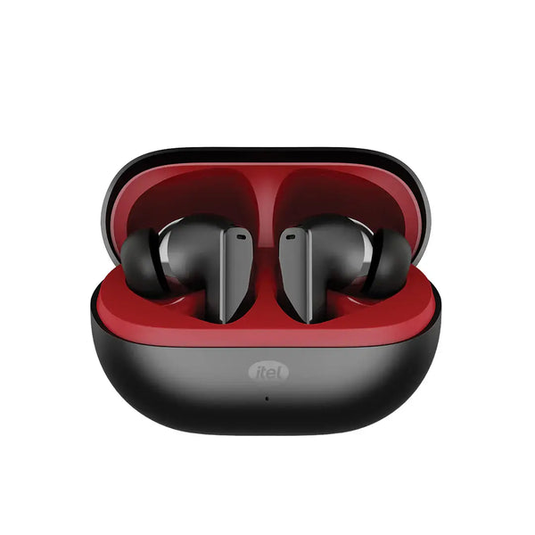 Black wireless earbuds in a red and black charging case on a white background