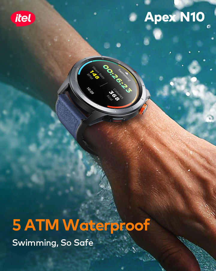 Smartwatch on a wrist with water splashes, highlighting 5 ATM waterproof feature.
