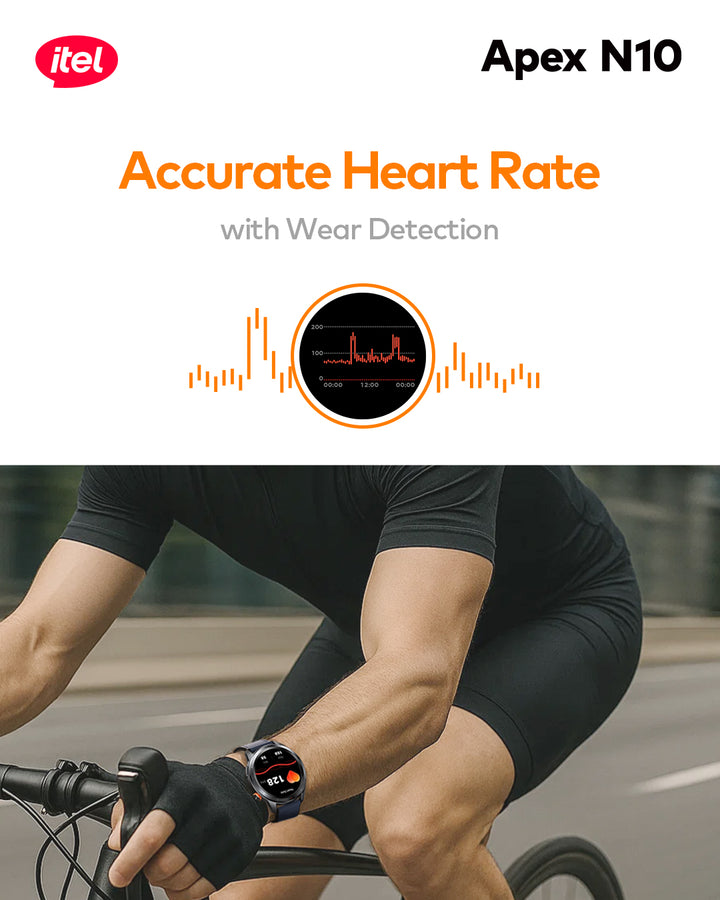 Person riding a bicycle with an itel Apex N10 smartwatch on wrist, highlighting heart rate monitoring feature.